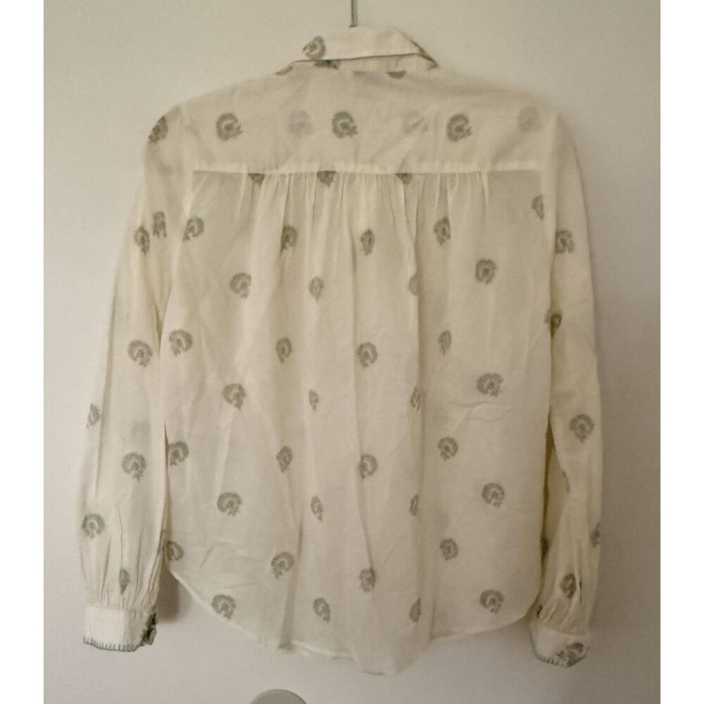 Wrap London Shirring Detail Cotton Shirt Ecru Sage Embroidered Blouse Sz 10 - Picture 3 of 10